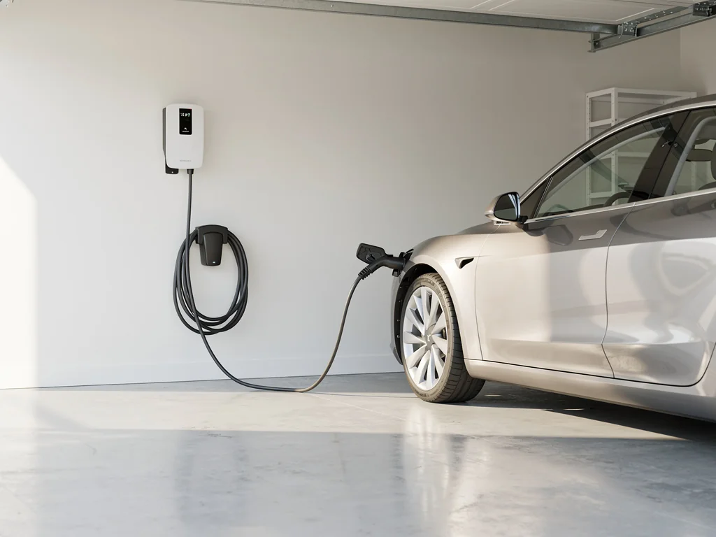 Borne de recharge blanche fixée au mur d'un garage à côté d'une voiture électrique