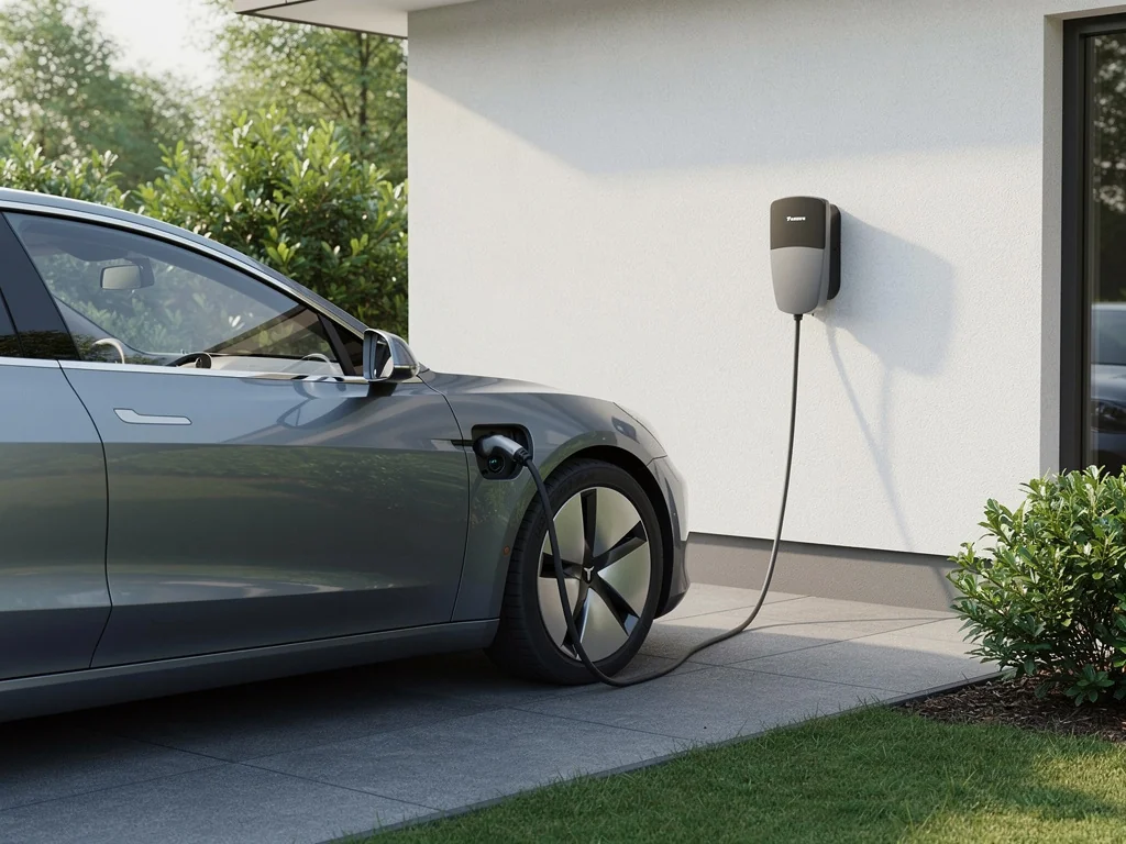 Voiture électrique branchée sur une borne murale extérieure côté jardin