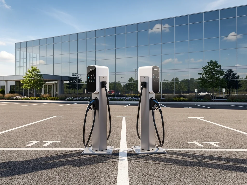 Deux bornes de recharge sur pied sur le parking d'une entreprise