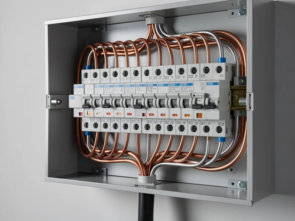Tableau électrique ouvert avec disjoncteur et ligne dédiée pour une borne de recharge