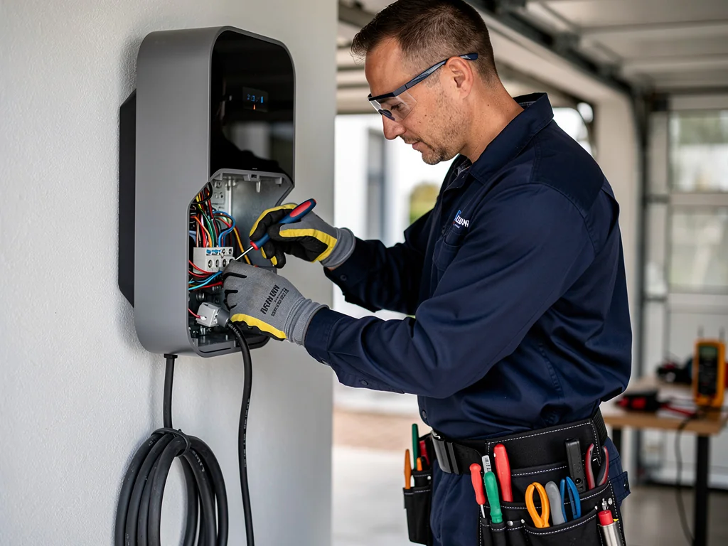 Électricien qualifié IRVE en train de raccorder une borne de recharge murale