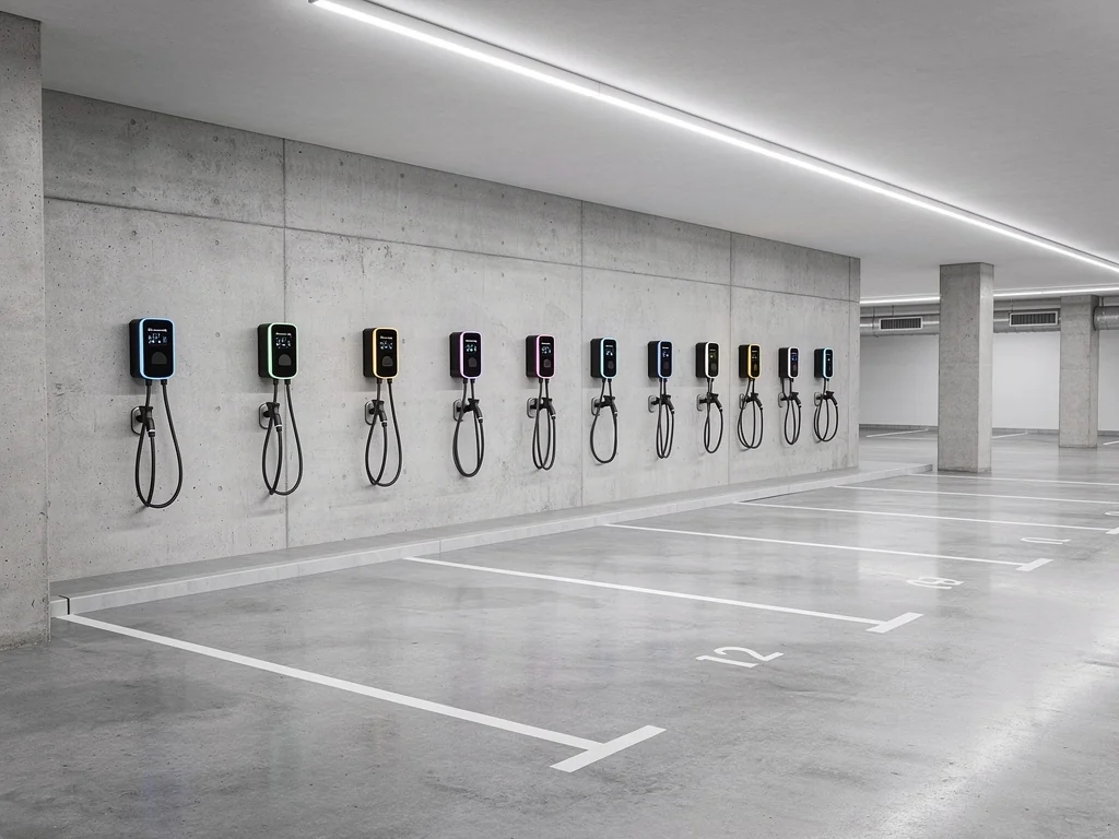 Rangée de bornes de recharge dans un parking souterrain d'immeuble